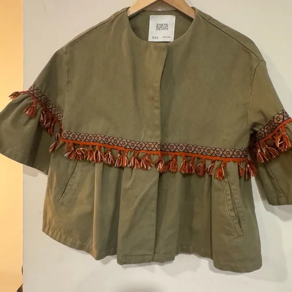 ZARA BASIC DEPT DENIM EUC Z1975 OLIVE GREEN TASSELS JACKET SIZE XS - Picture 4 of 9